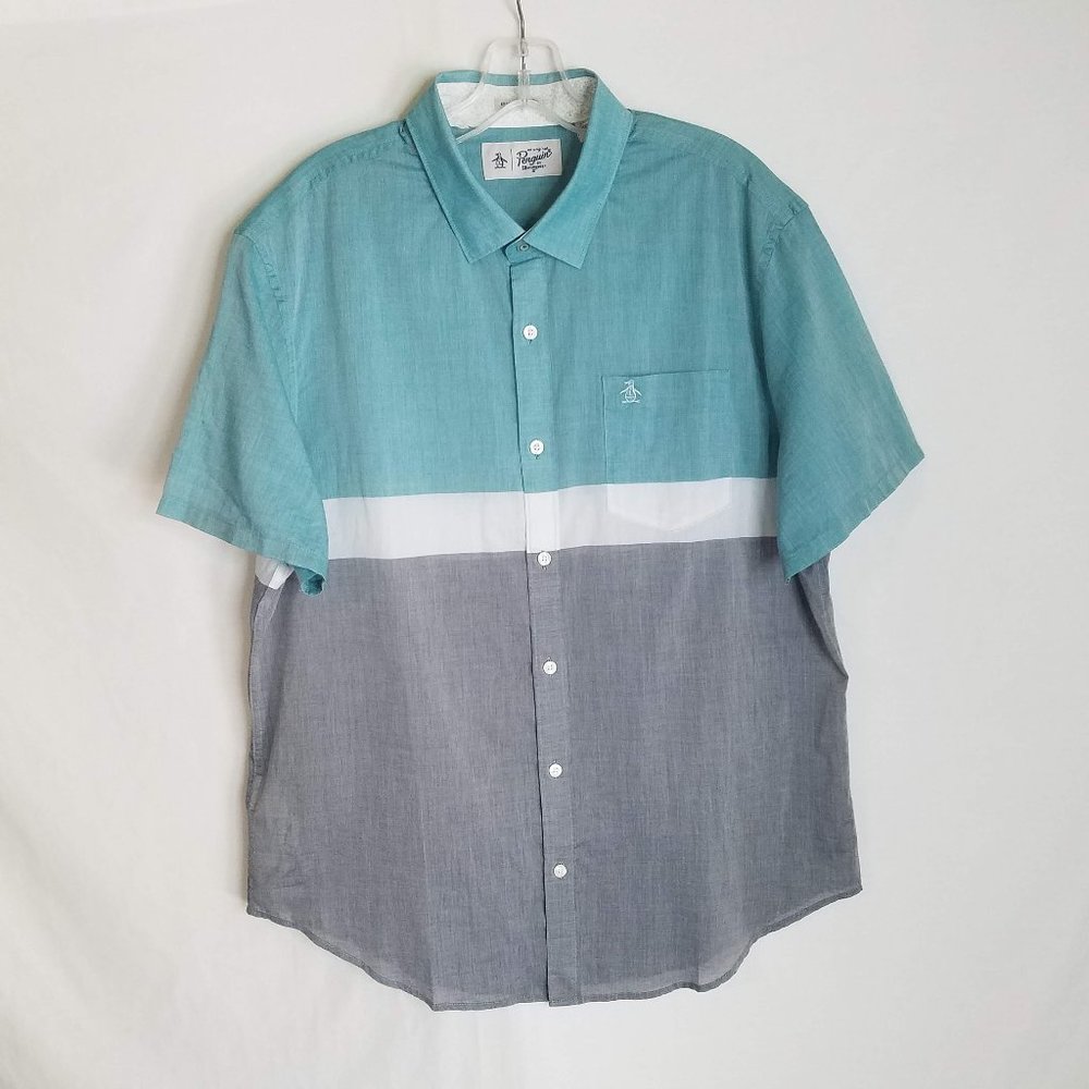 Penguin Colorblock Button Front Short Sleeve Shirt SLIM FIT Mens XL
